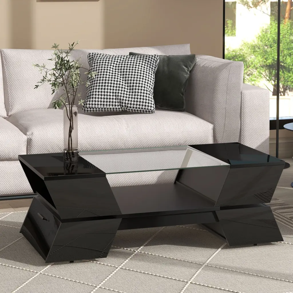 6Mm Glass Top Coffee Table Open Shelves And Cabinets Geometric Design Modern Living Room Furniture on-trend