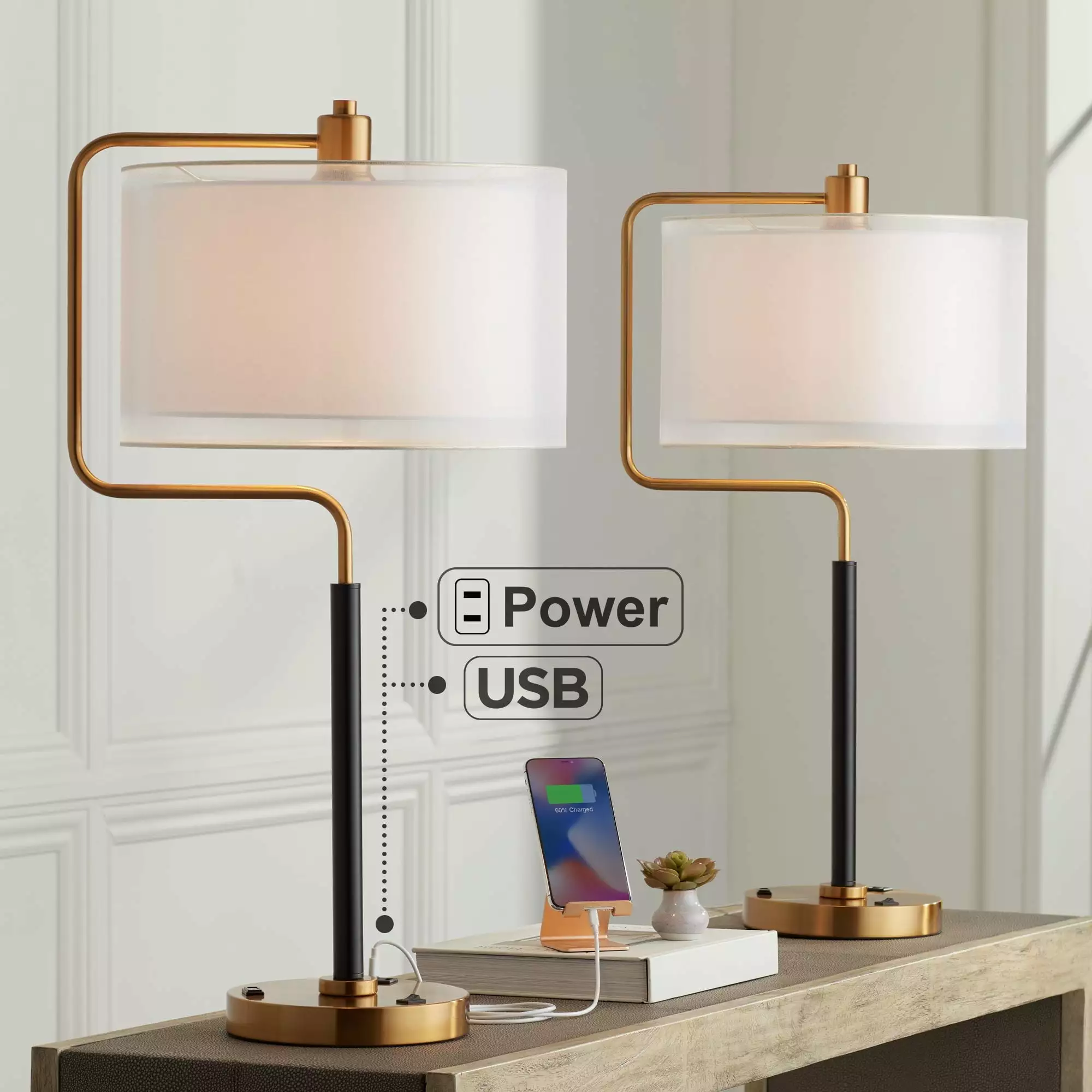 Possini Euro Design Carlyle 30 1/2 Tall Large Mid Century Modern Desk Lamps Set 2 USB Port AC Power Outlet Gold Metal Char...