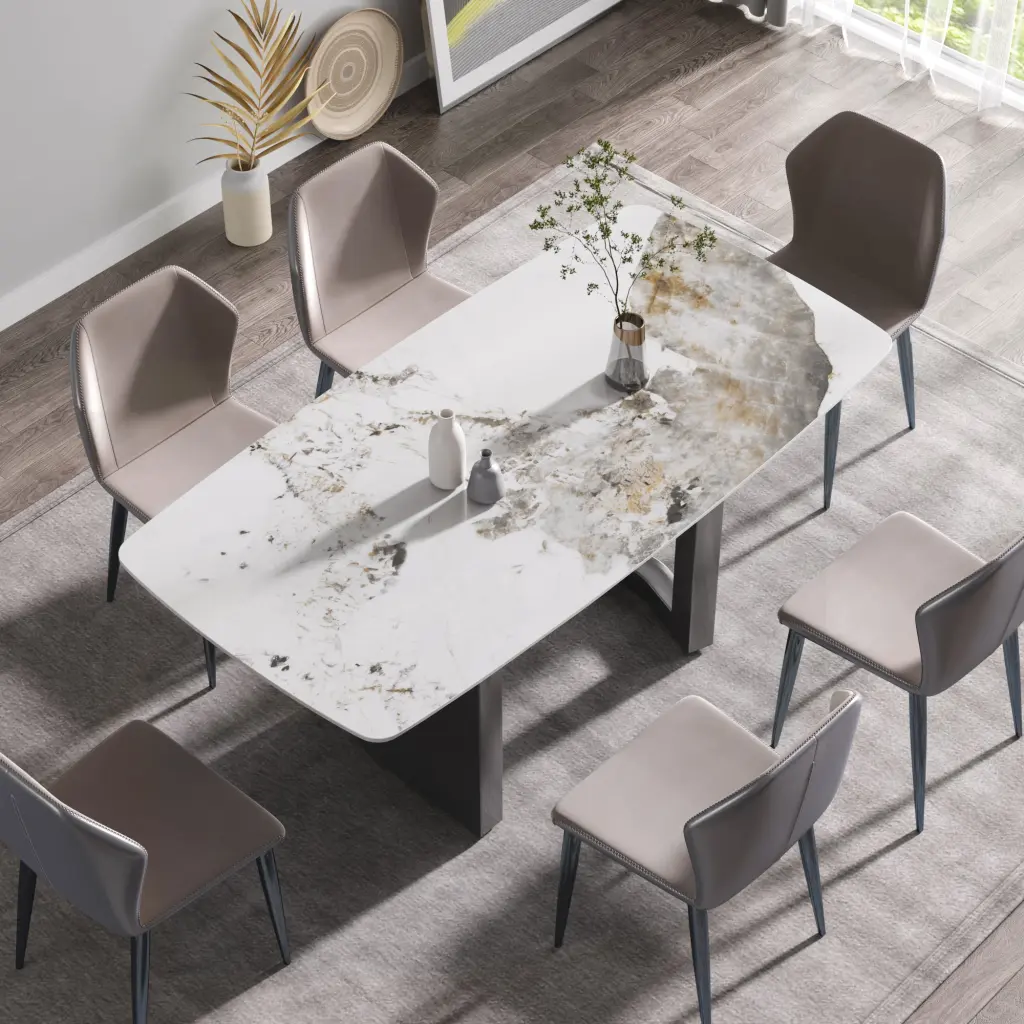 70.87 Inch Modern Artificial Stone Pandora White Curved Dining Table Black Metal Legs atunus