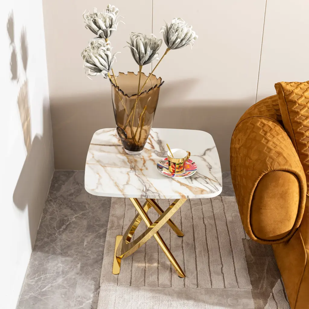 Marble Pattern MDF Top Side End Table Square Gold Stainless Steel Legs foshan dahui furniture co.-ltd.
