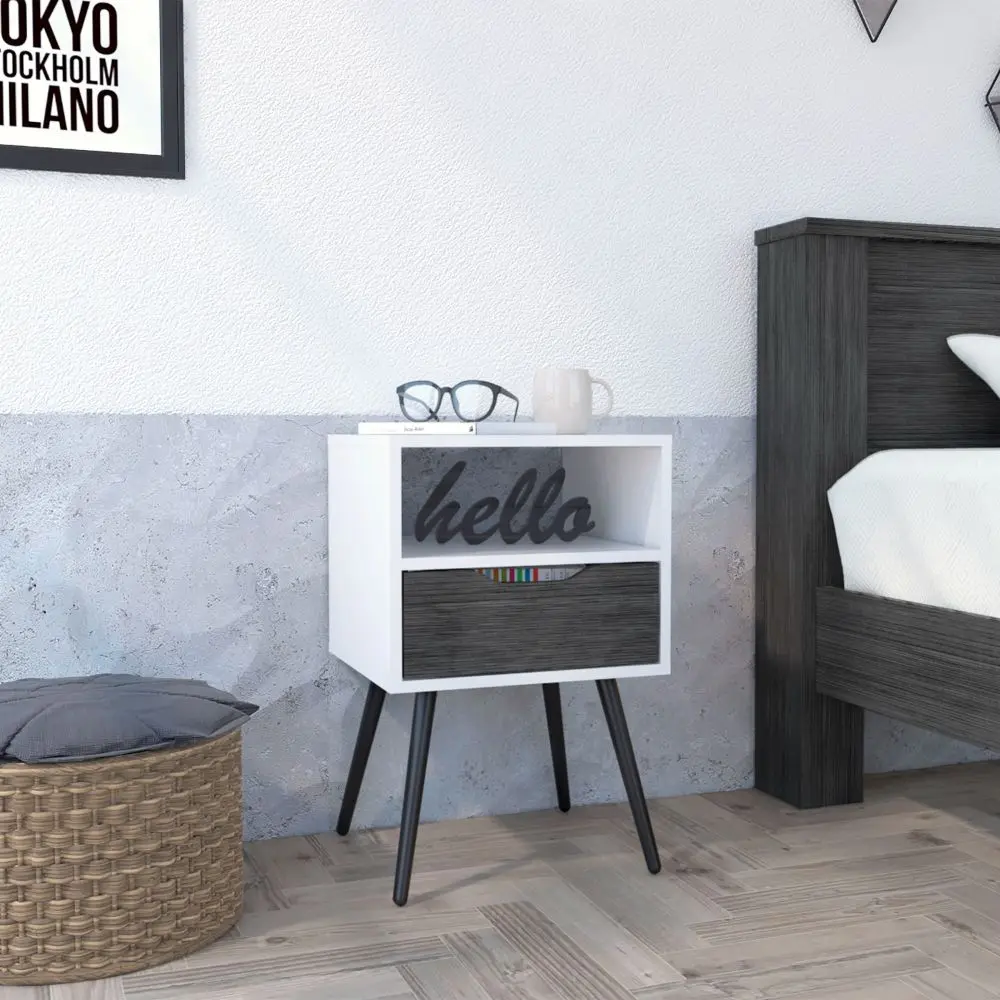 Nightstand Fugaz Open Shelf Single Drawer Smokey Oak White Finish Modern treevol furniture