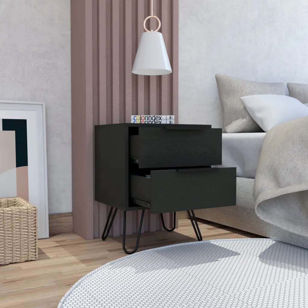 Nightstand Skyoner 2 Harpin Legs Two Drawers Black Wengue Finish treevol furniture