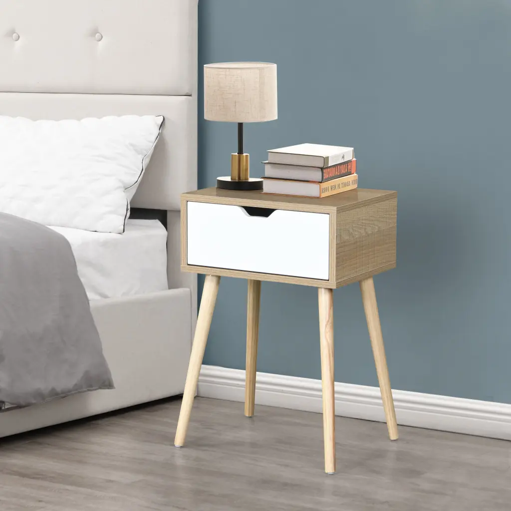 Side Table 1 Drawer And Rubber Wood Legs Mid Century Modern Storage civilfurniture