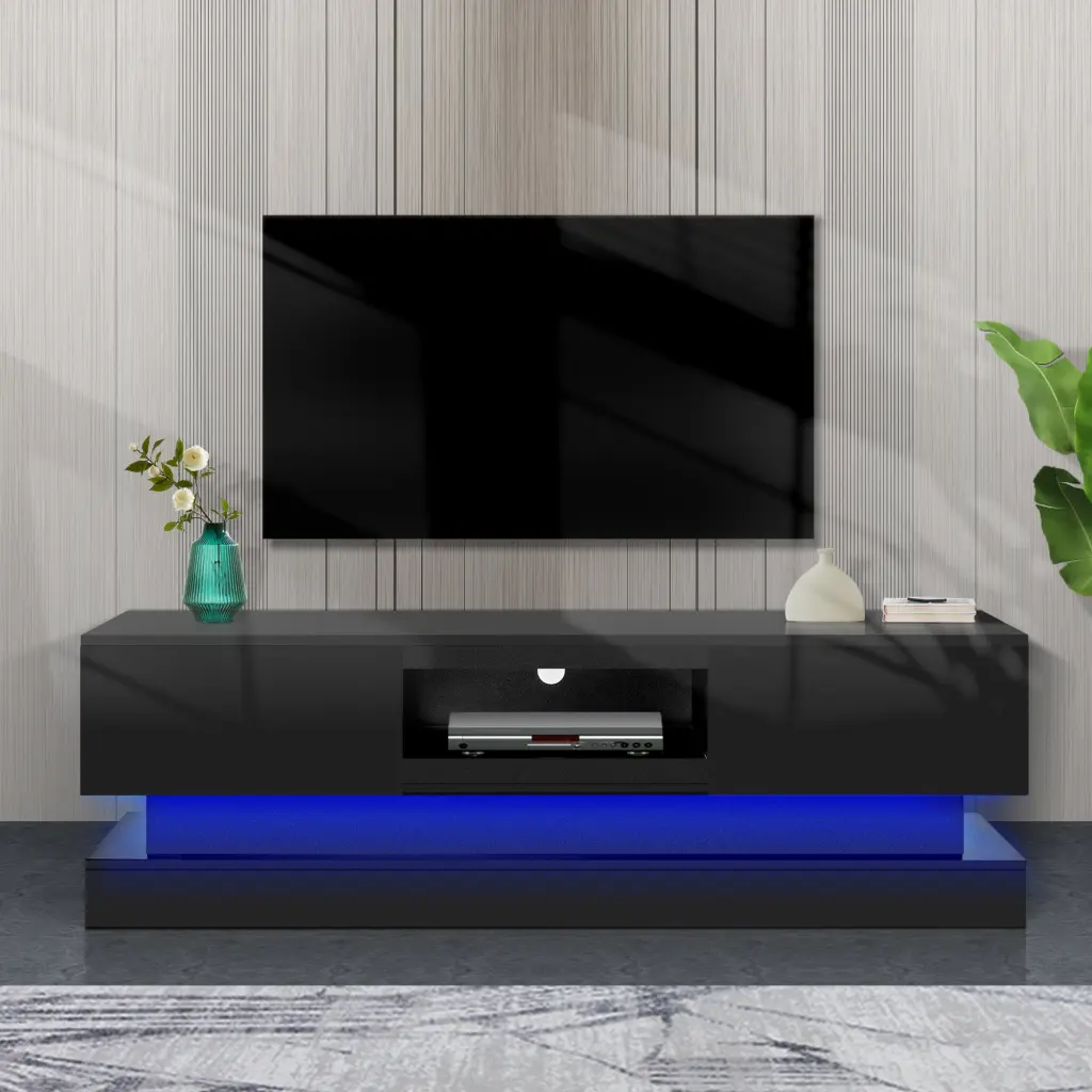 63 Inch Black Modern TV Stand LED Lights High Glossy Front Cabinet jxy furniture