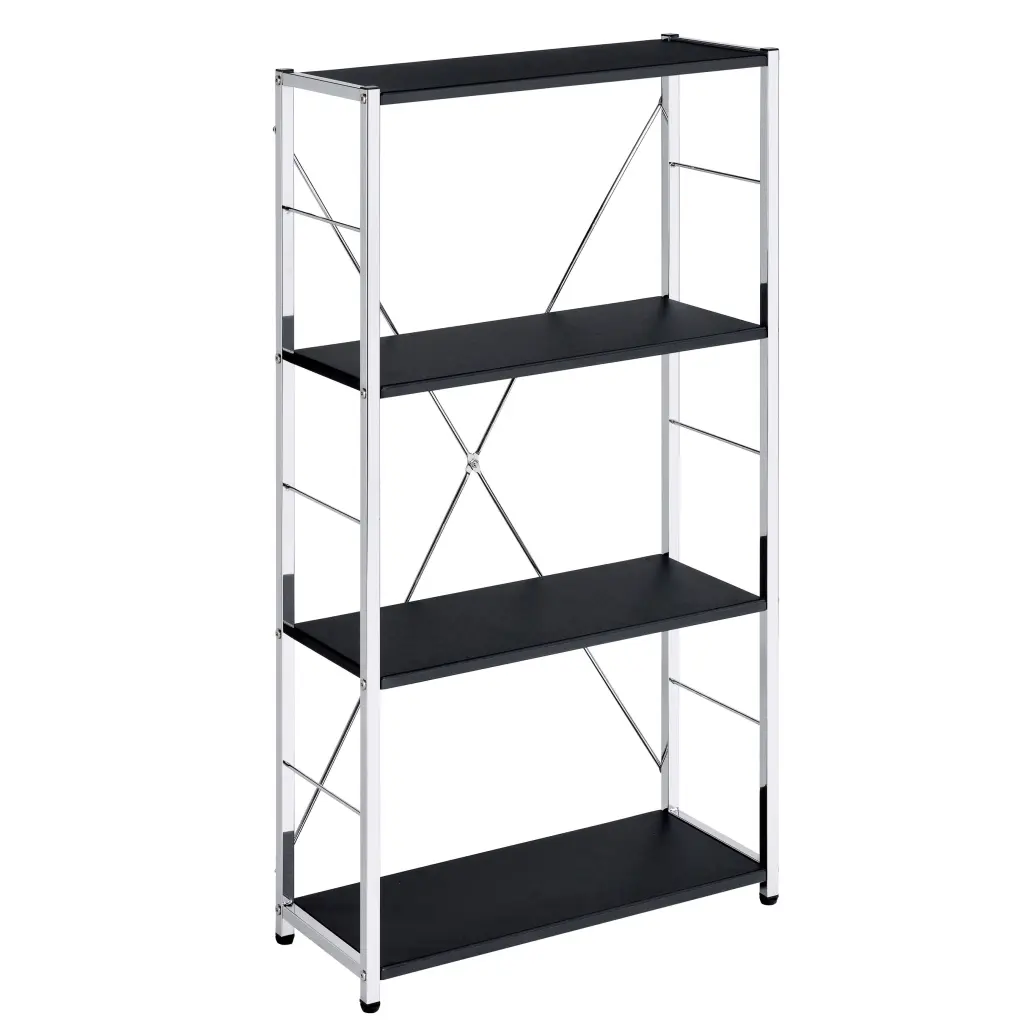 Black and Chrome 4 Tier Rectangular Bookshelf Open Back Design furniture max