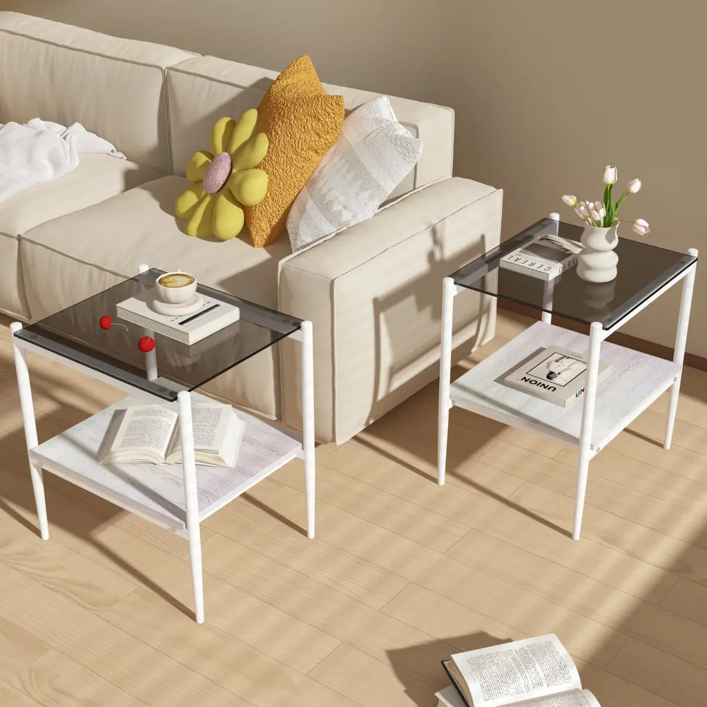 Set 2 Rectangle End Tables Tempered Glass Tabletop MDF Layer jws-w241