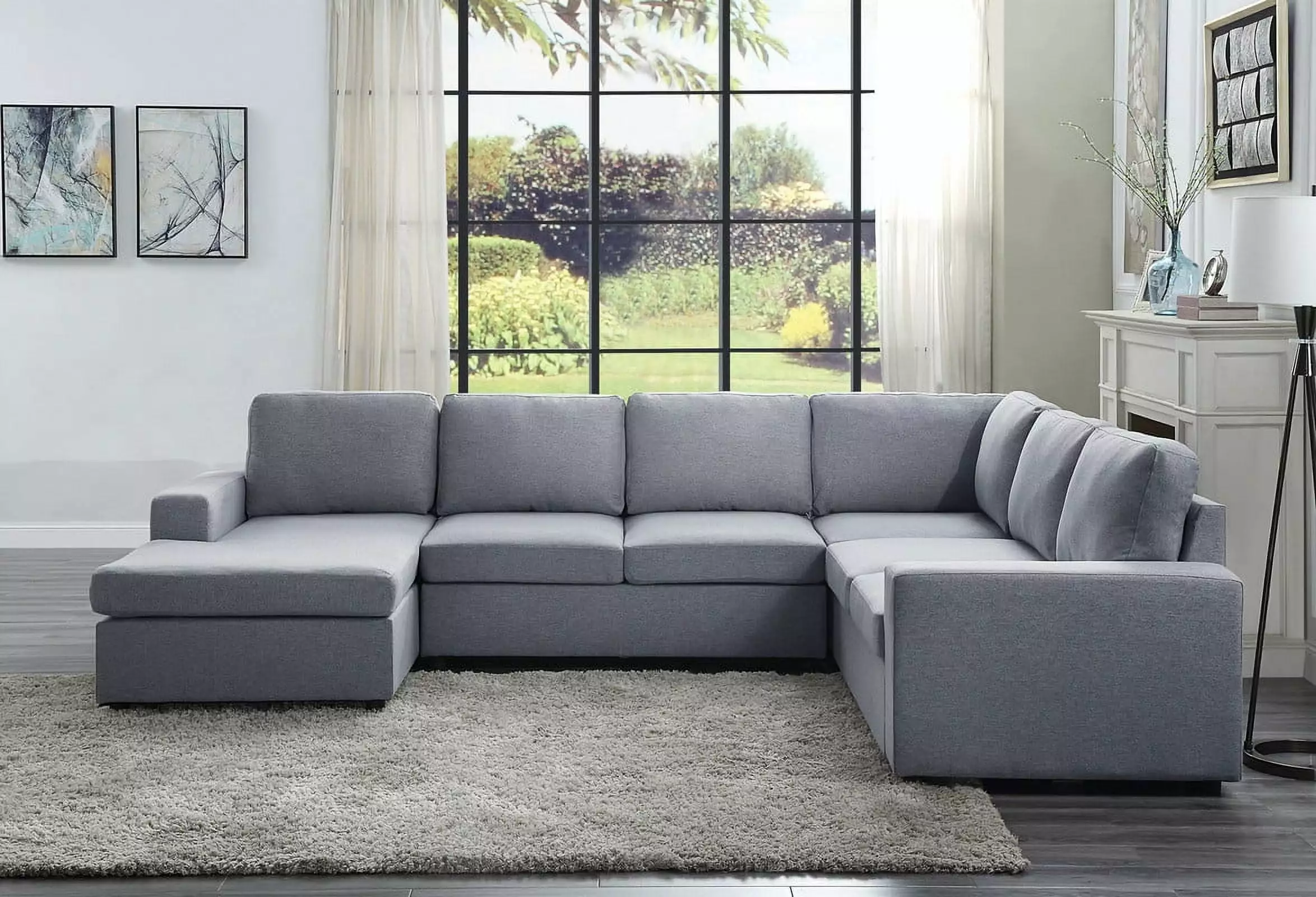 DeeHome Warren 121 Light Gray Linen 6 Seat Reversible Modular Sectional Sofa Chaise