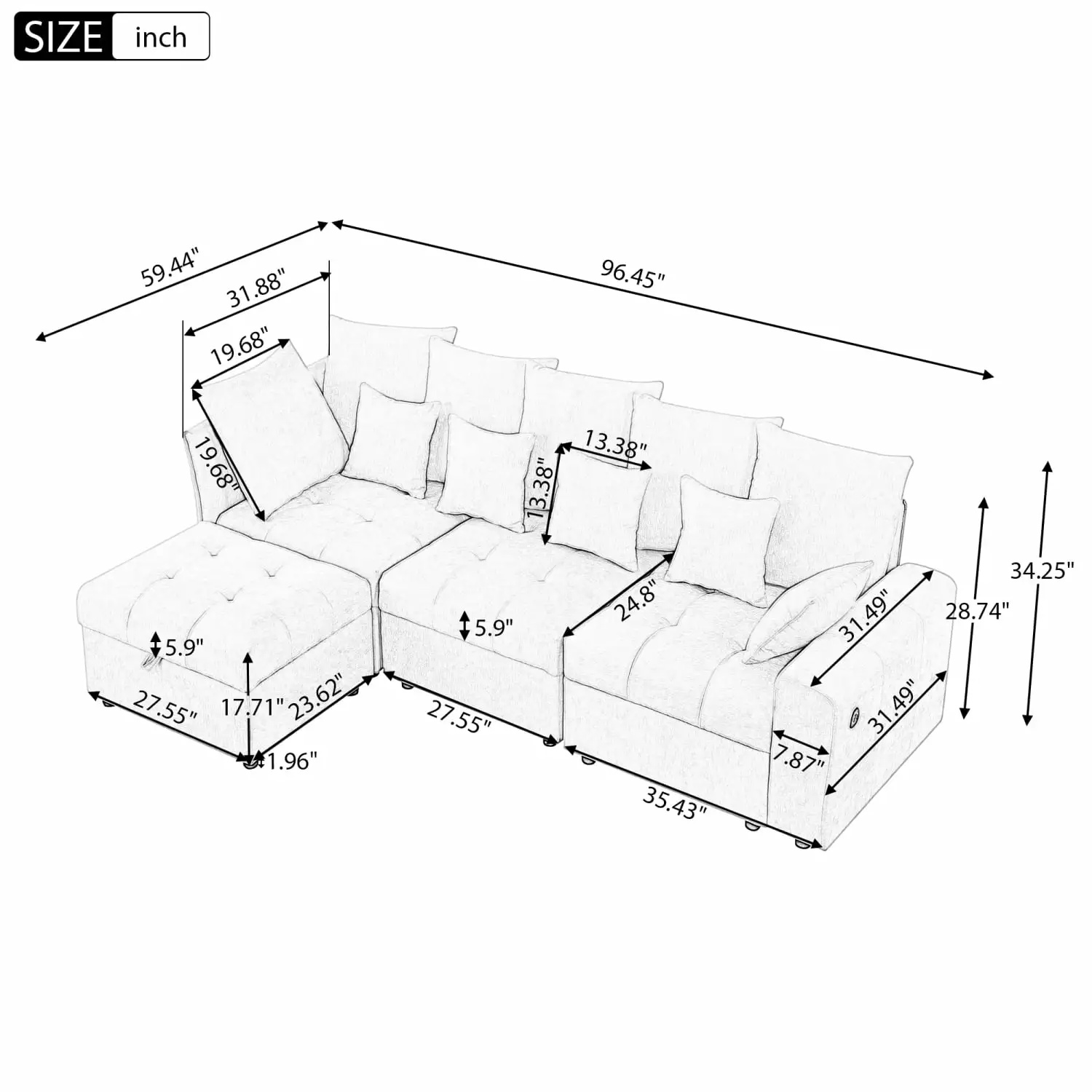 Miekor Furniture 96.45 Sectional Sofa Three USB Ports, Removable Storage Ottoman, and Five Back Pillows - Grey B3A484
