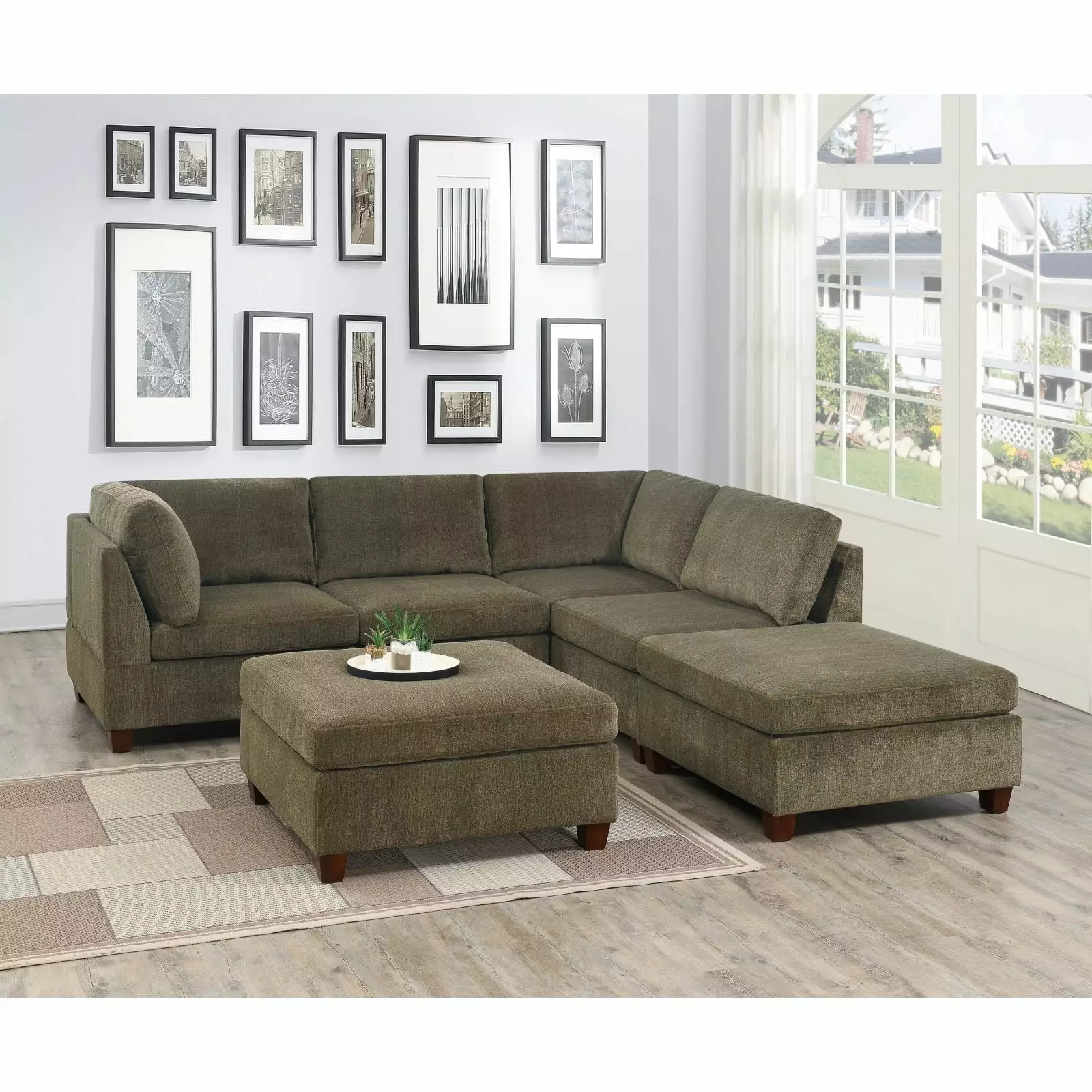 Miekor Furniture Tan Chenille Modular Sectional 6pc Set Ottomans Living Room