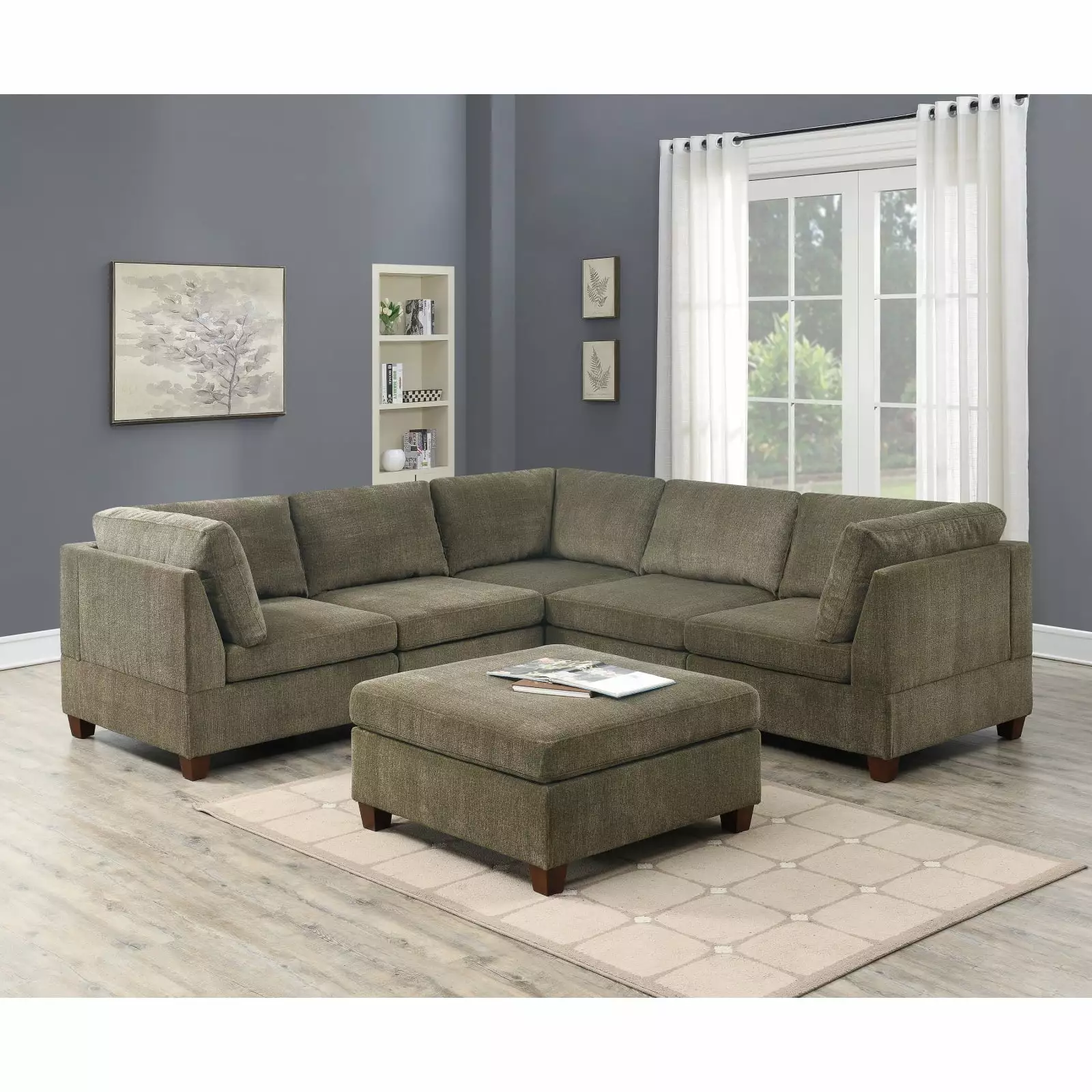 Miekor Furniture Tan Chenille Modular Sectional 6pc Set Ottoman Living Room