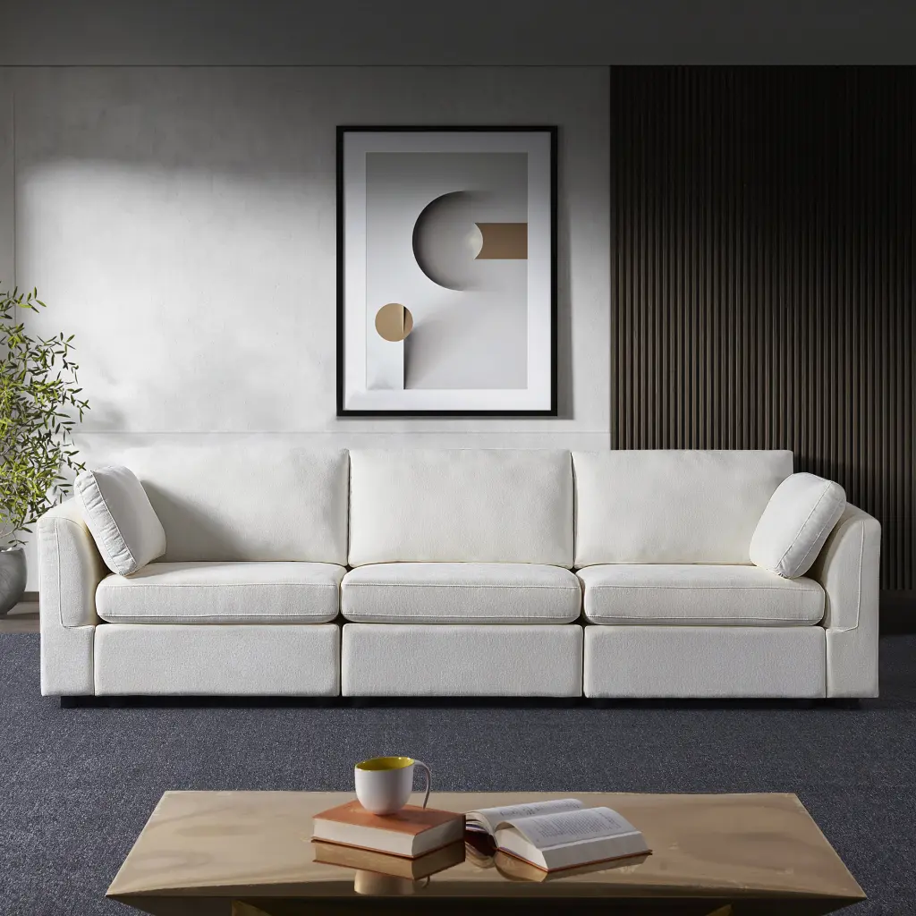 Modular Sofa White Chenille Fabric Effortless And Grand Seat And Back Cushions Living Room homarni furnishings inc.---w1099