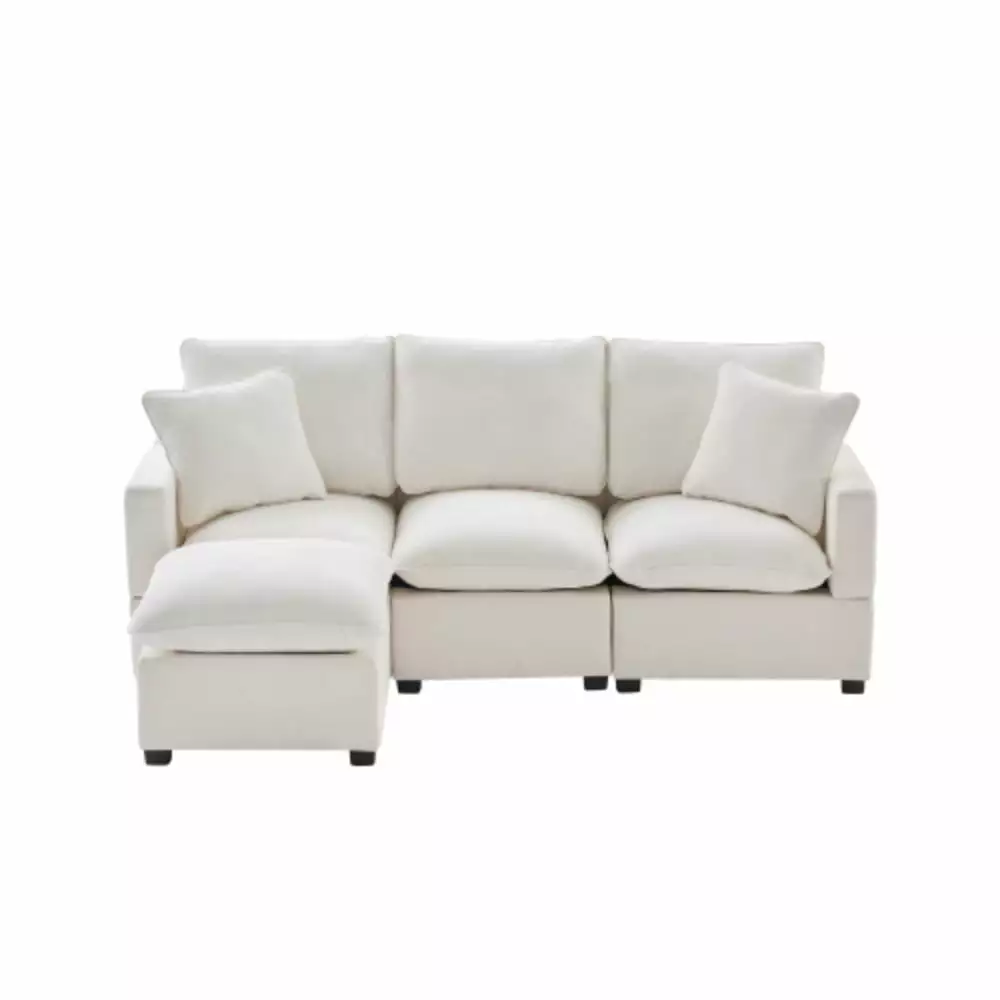 84x57 Modern Modular Sofa 4-Seat Chenille Sectional Couch Set 2 Pillows White YRWL