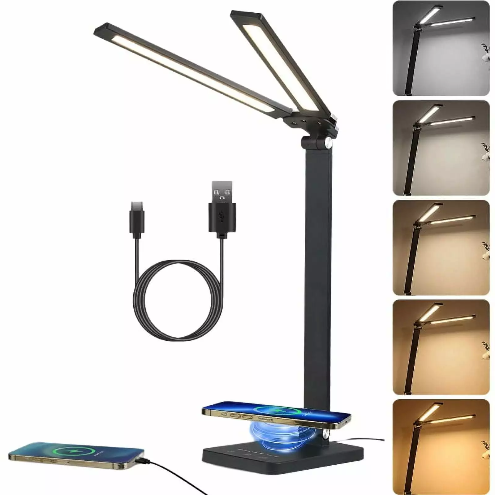 Airtok Desk Lamp Double Head LED Desk Light Home Office 20W Eye Caring Wireless Charging USB Port Timer 5 Color Modes Black