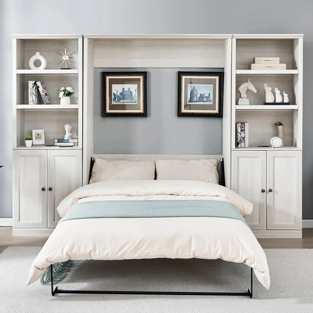 Full Size Half Self Close Open Murphy Bed 2 Side Cabinet Storage bed best