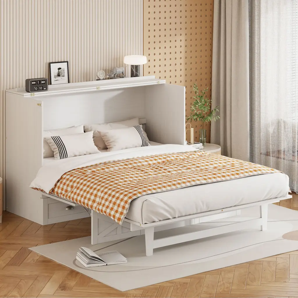 Full Size Murphy Bed Large Drawers Brushed White Plywood lucky furniture