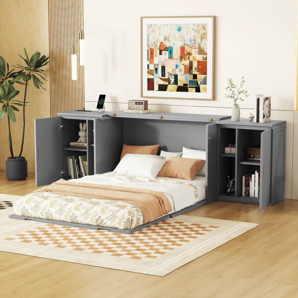 Full Size Murphy Bed Shelves Cabinets and USB Ports Gray lucky furniture