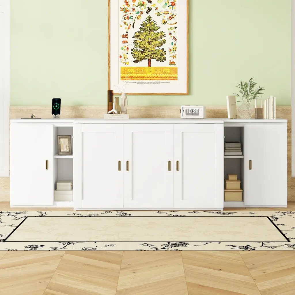 Full Size Murphy Bed Shelves Cabinets and USB Ports White lucky furniture