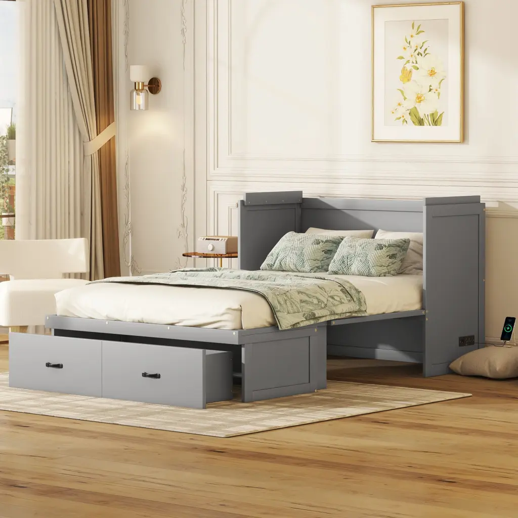 Full Size Murphy Bed USB Port and Large Drawer Gray lucky furniture