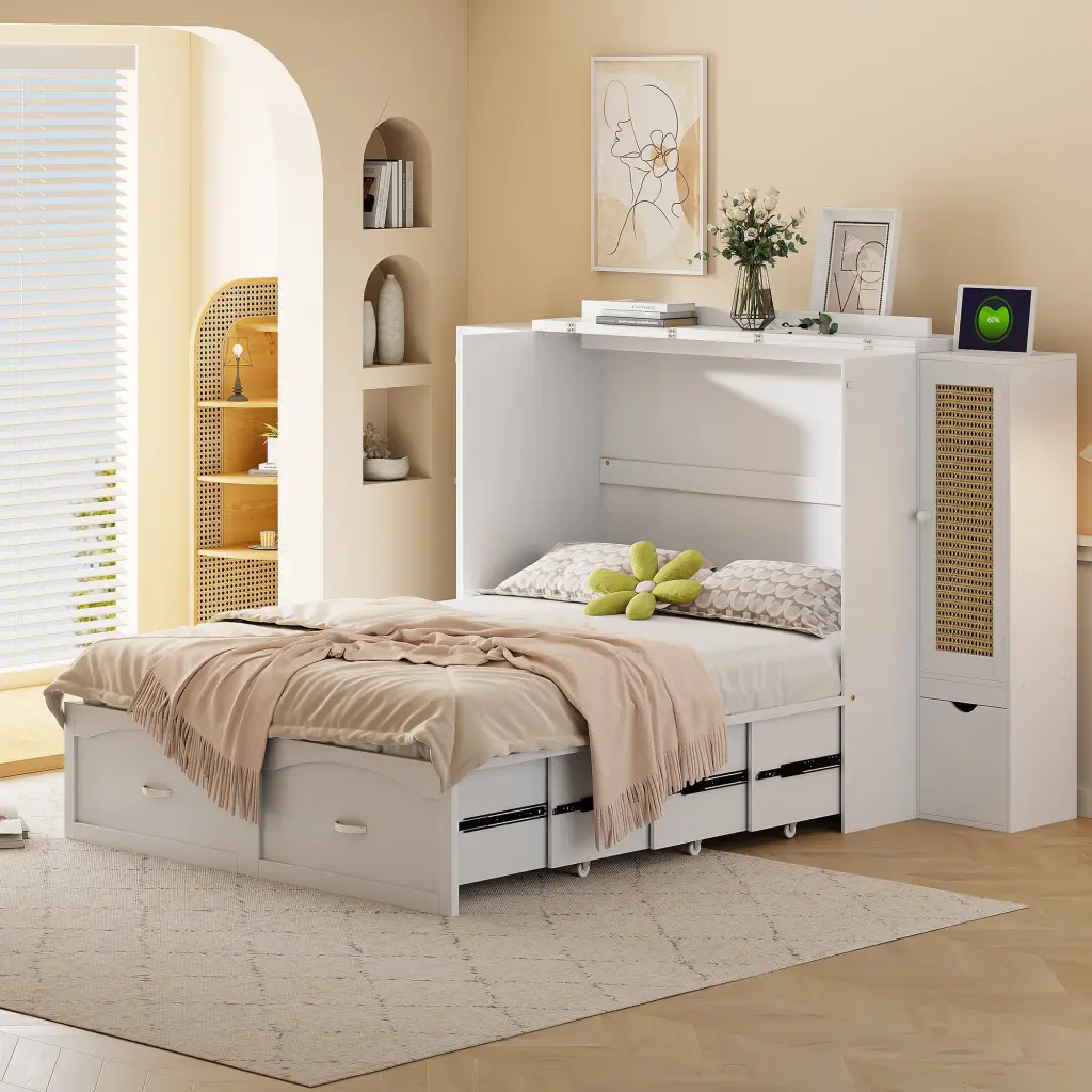 Full Size Murphy Bed Wall Bed Drawer And Rattan Decoration 2--1 lucky furniture