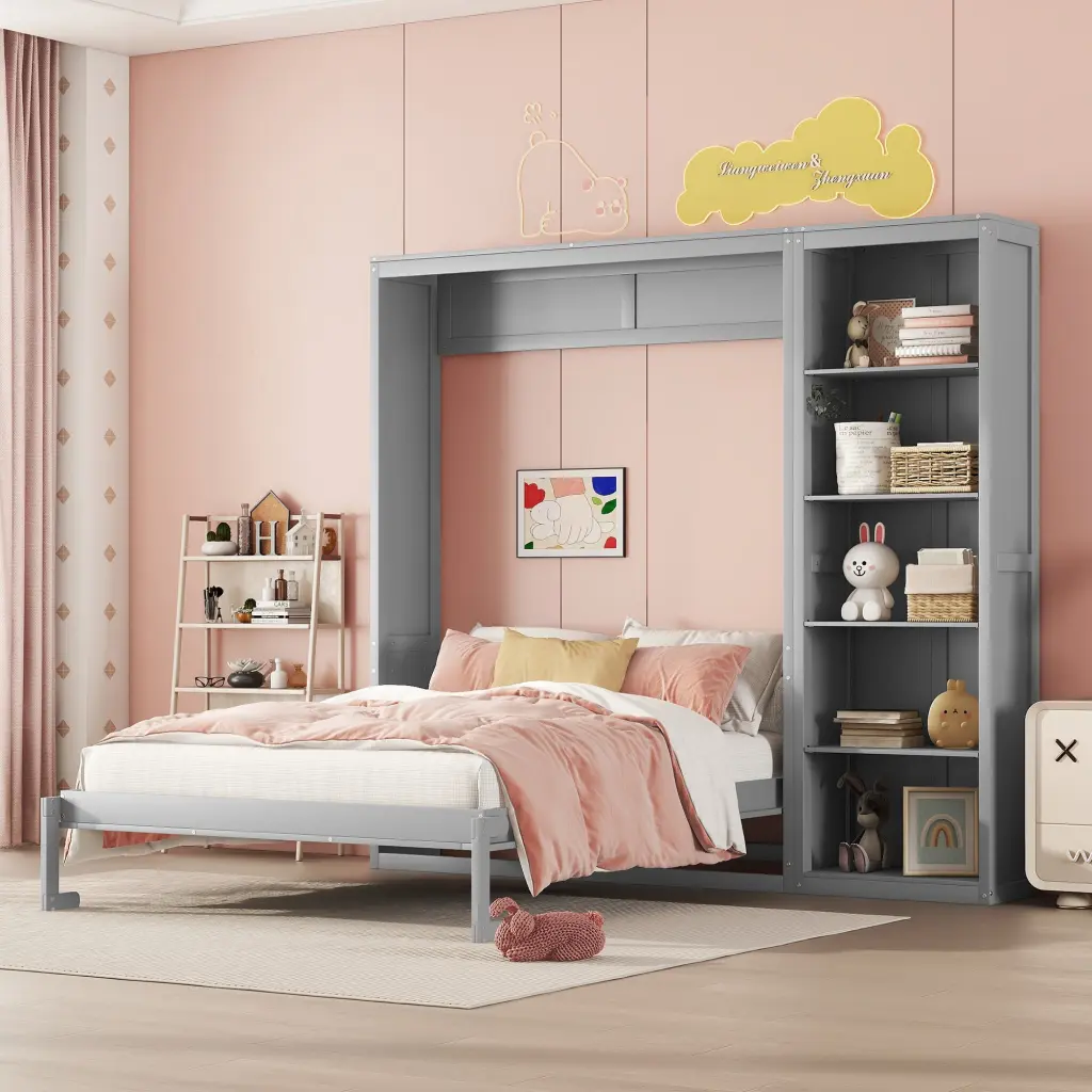 Full Size Murphy Bed Wall Bed Shelves Gray Solid Wood MDF lucky furniture