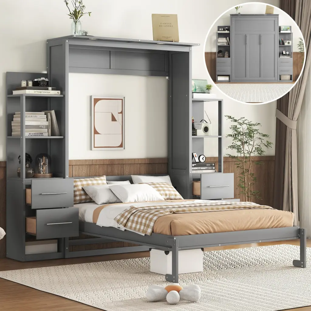 Full Size Murphy Bed Wall Bed Shelves Drawers And LED Lights lucky furniture