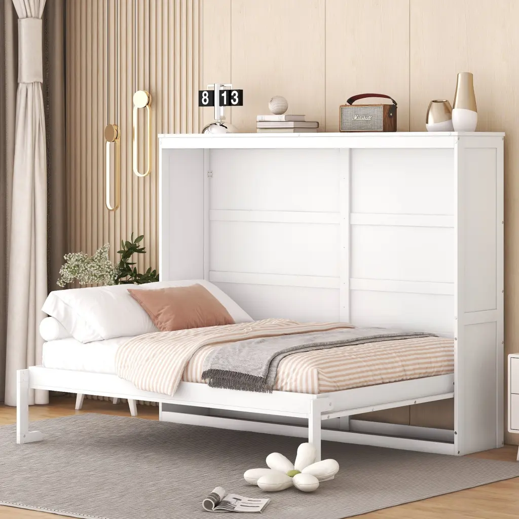Full Size Murphy Bed Wall Bed White Plywood Space Saving lucky furniture