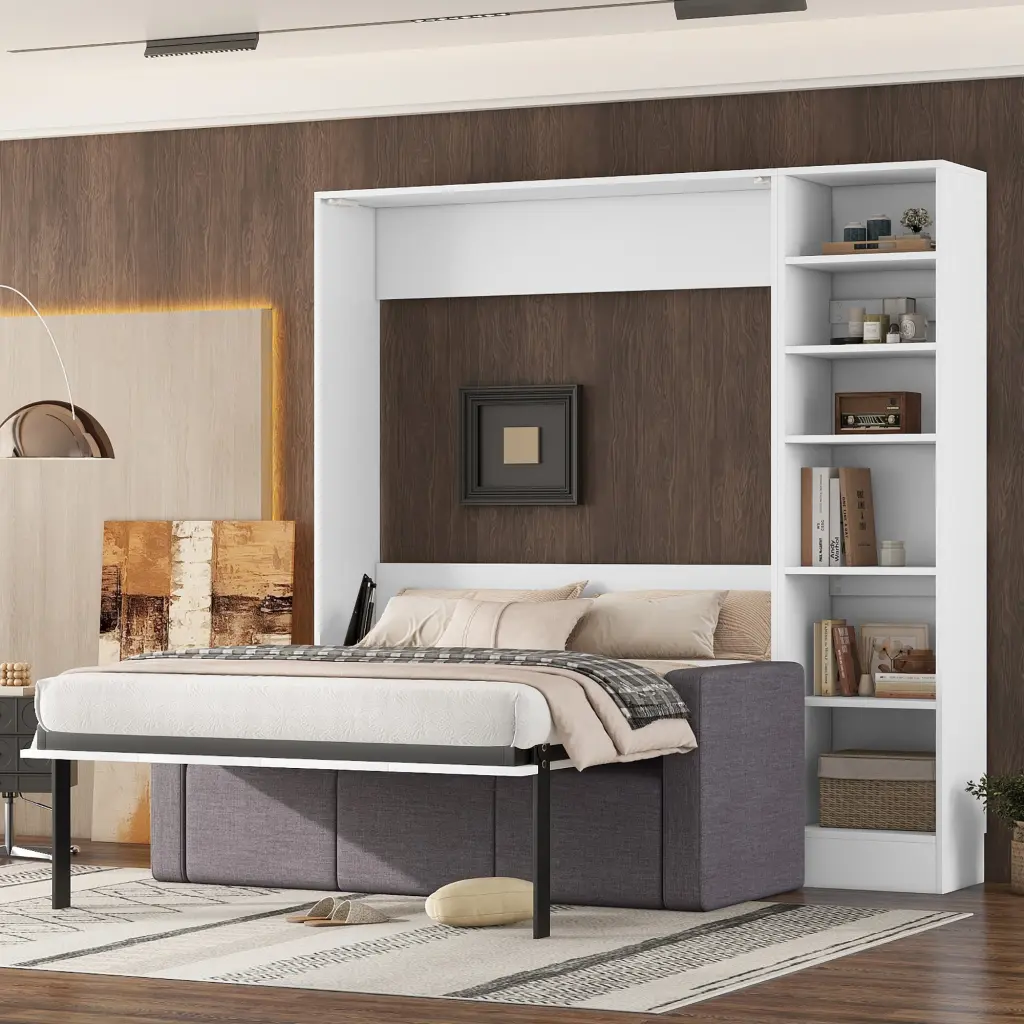 Full Size Murphy Bed Wall Bed Sofa Shelves White Space-Saving Foldable Bed lucky furniture