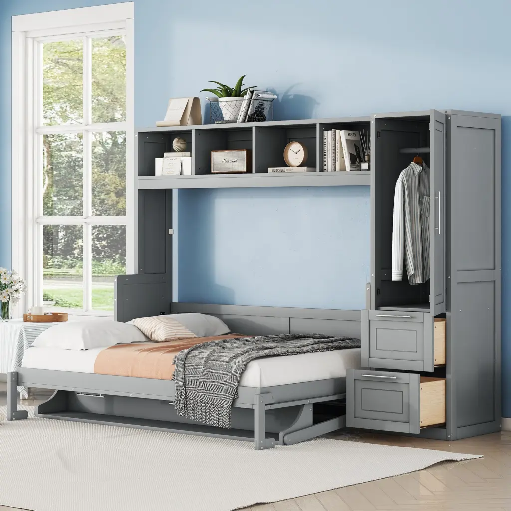Full Size Murphy Bed Wall Bed Closet And Drawers Gray Mdf Space Saving Furniture lucky furniture