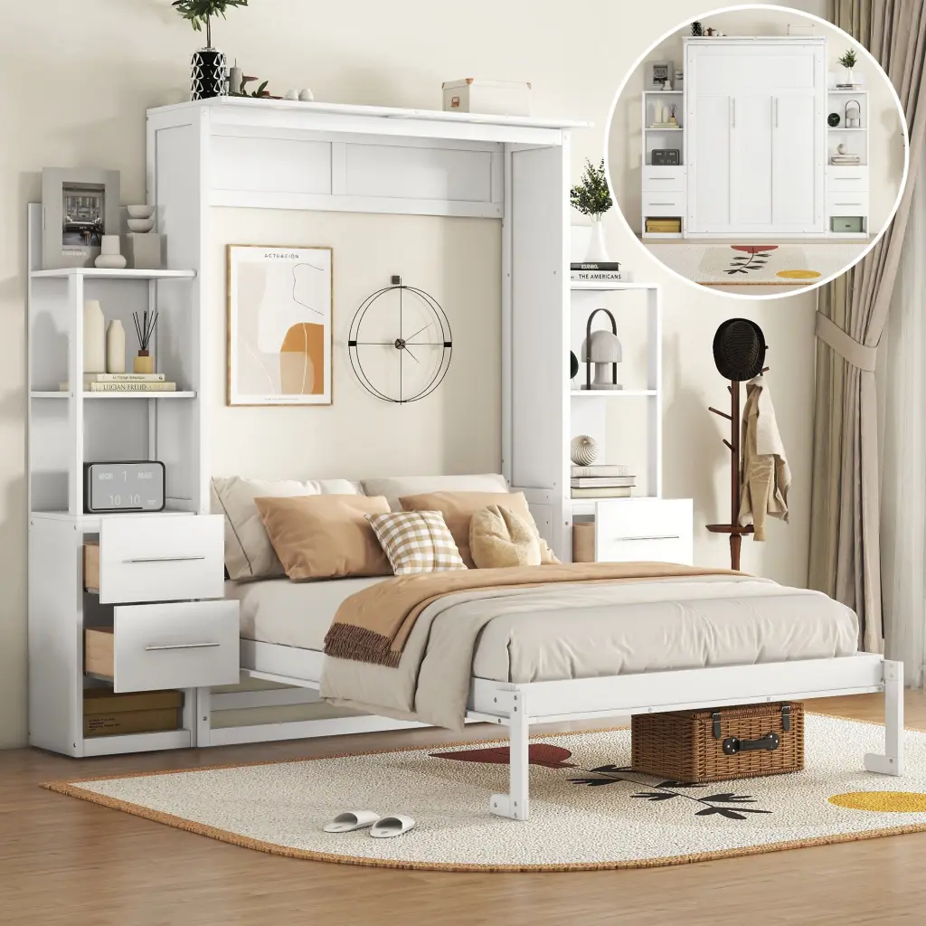 Full Size Murphy Bed Wall Bed Shelves Drawers And LED Lights White lucky furniture