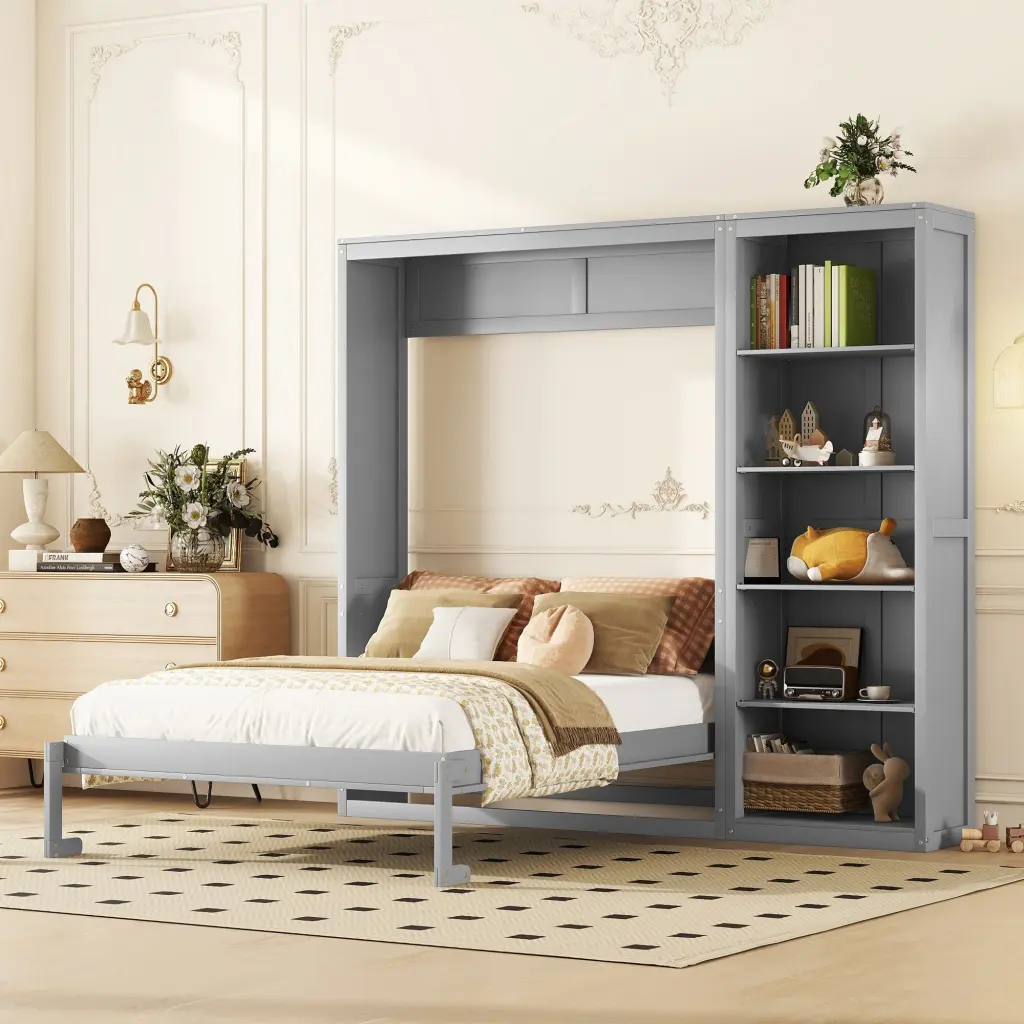 Queen Size Murphy Bed Wall Bed Shelves Gray lucky furniture