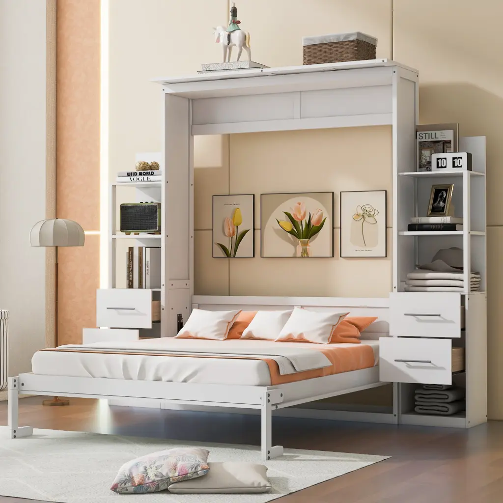 Queen Size Murphy Bed Wall Bed Shelves Drawers and LED Lights White lucky furniture