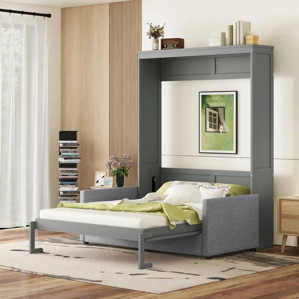 Queen Size Murphy Bed Wall Bed Cushion Gray MDF LVL lucky furniture
