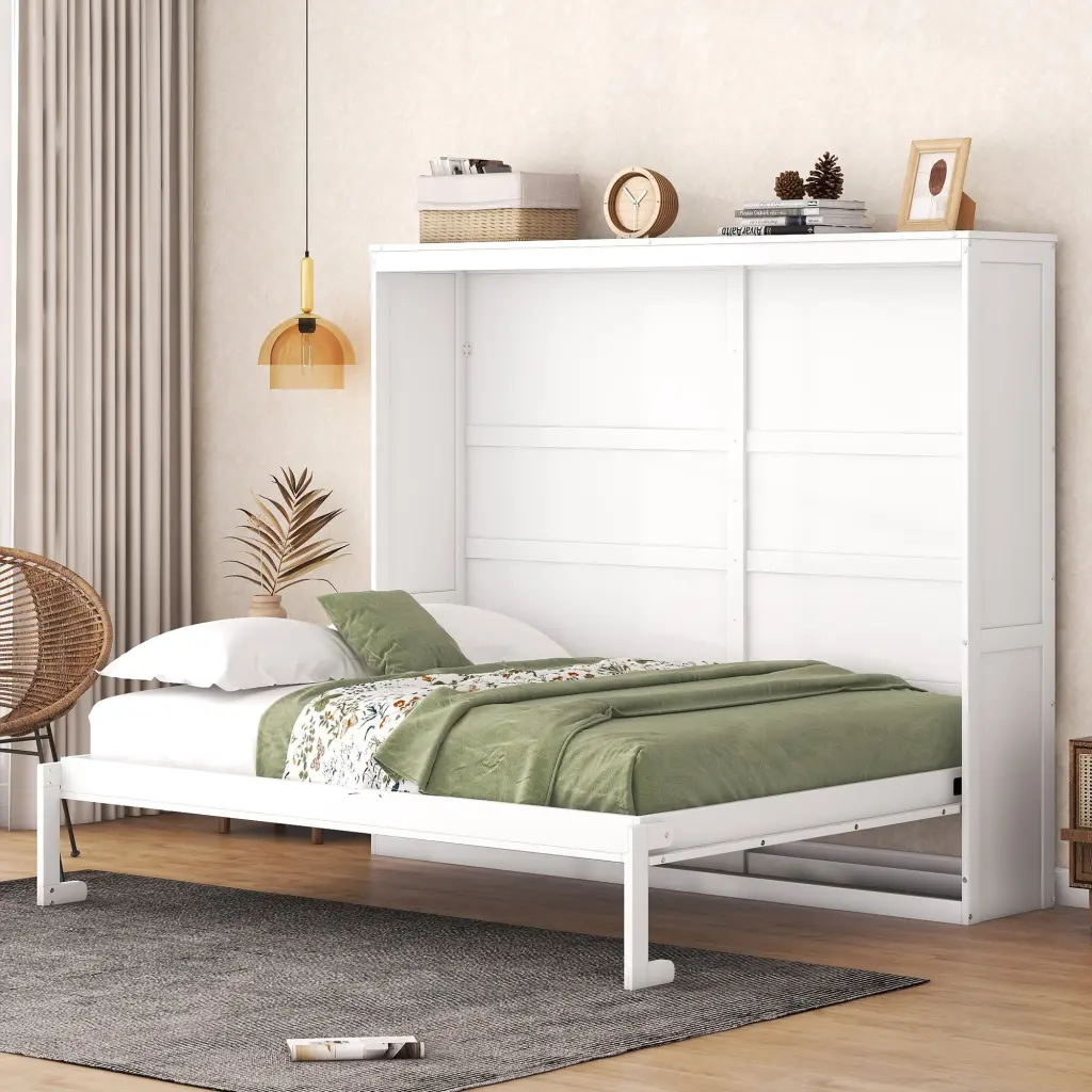 Queen Size Murphy Bed Wall Bed White Plywood - Space Saving Bedroom Solution lucky furniture