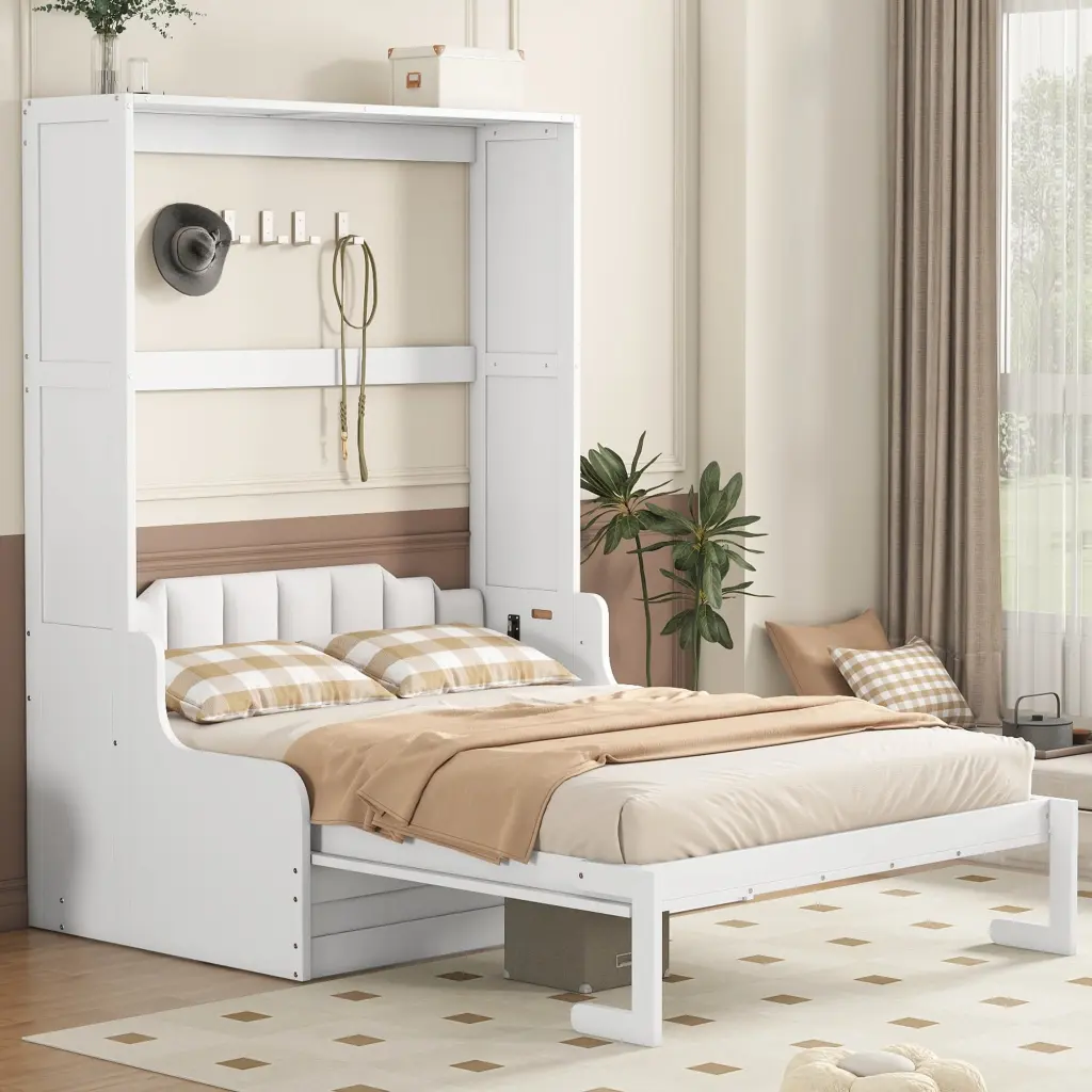 Queen Size Murphy Bed Wall Bed Cushion White MDF LVL Space Saving Bed lucky furniture