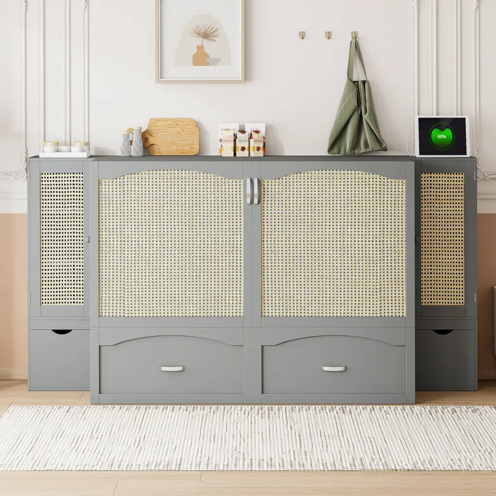 Queen Size Murphy Bed Wall Bed Drawer And Rattan Decoration Space Saving lucky furniture