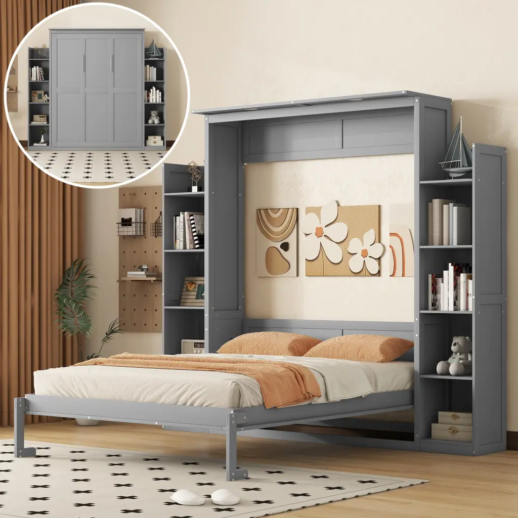 Queen Size Murphy Bed Wall Bed Shelves and LED Lights Gray Finish lucky furniture