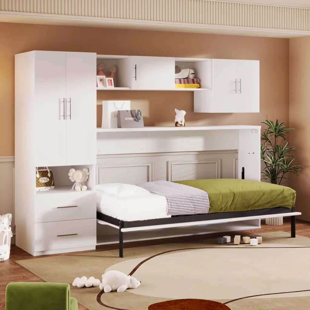 Twin Size Murphy Bed Open Shelves and Storage Drawers Walnut wm store