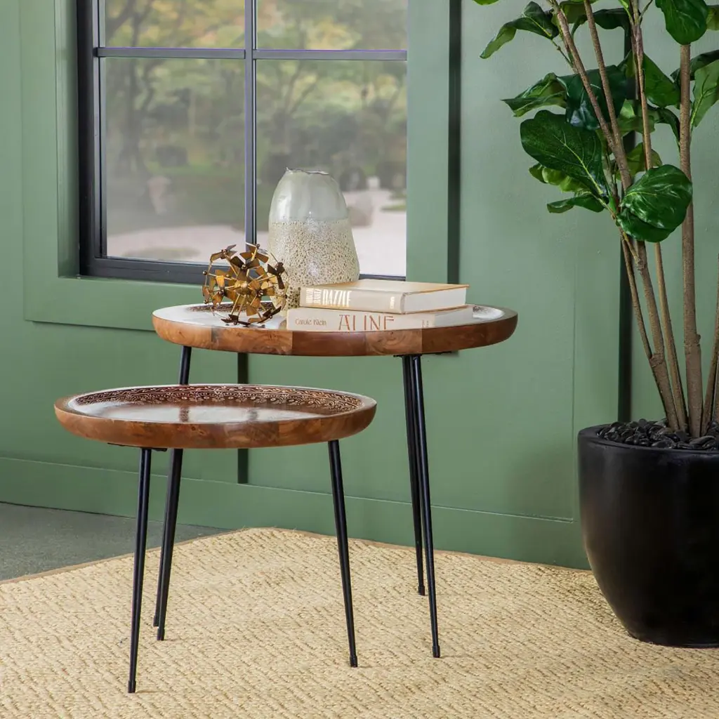 Honey and Black 2 Piece Nesting Table Brown Primary Living Space furniture max