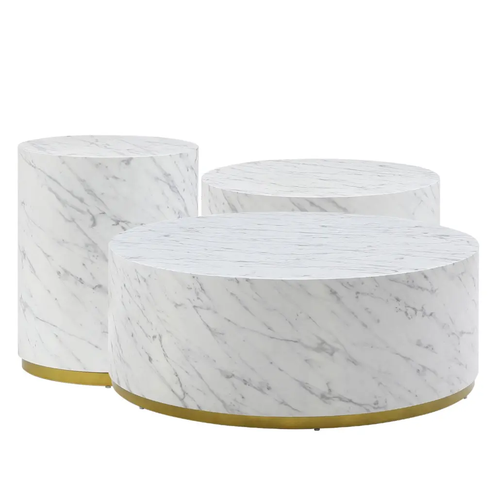Set 3 White Marble Pattern Round Coffee Table Side Table End Table Nesting Tables justone interior