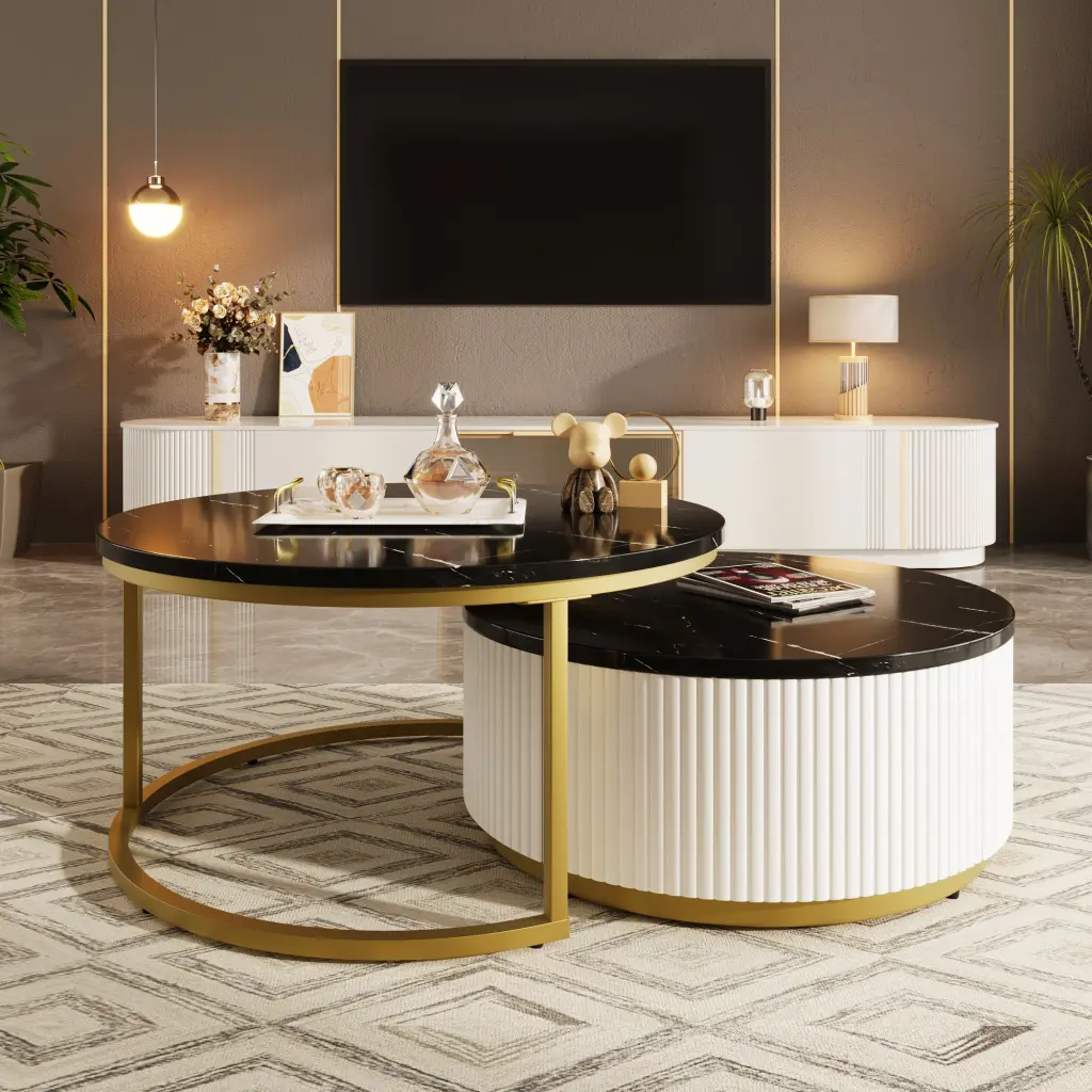 Modern Round Nesting Coffee Table Fluted Design and Drawer Black & Gold rnb