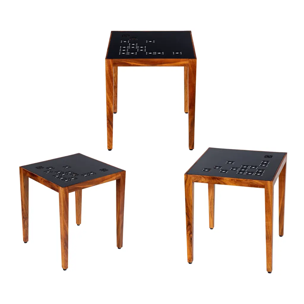 Alba 22 Inch 3 Piece Nesting Table Set Laser Cut Metal Black and Brown royal hampton