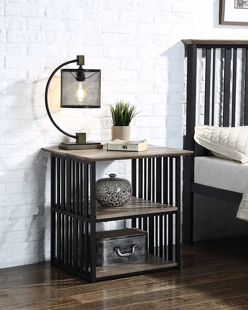 Zudora Nightstand Antique Oak and Black Finish MDF Bedside Table acme onsite store