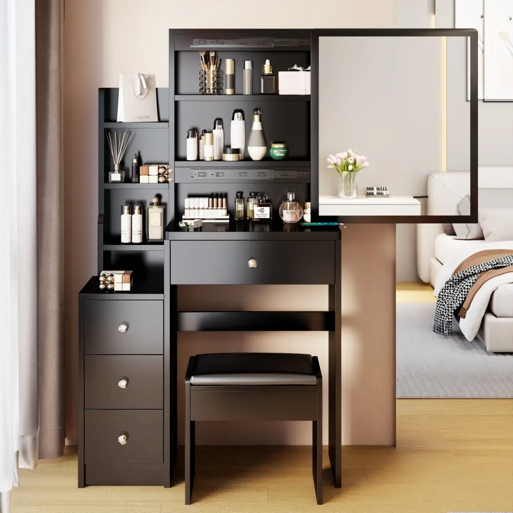 Small Space Left Bedside Cabinet Vanity Table Cushioned Stool Extra Large Drawer crazy elf
