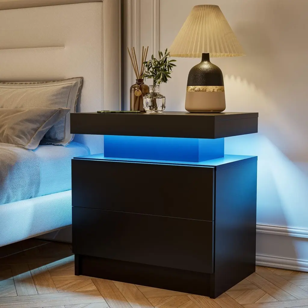 Modern LED Bedside Nightstand Table 2 Drawers and Cabinet Lights cubehom