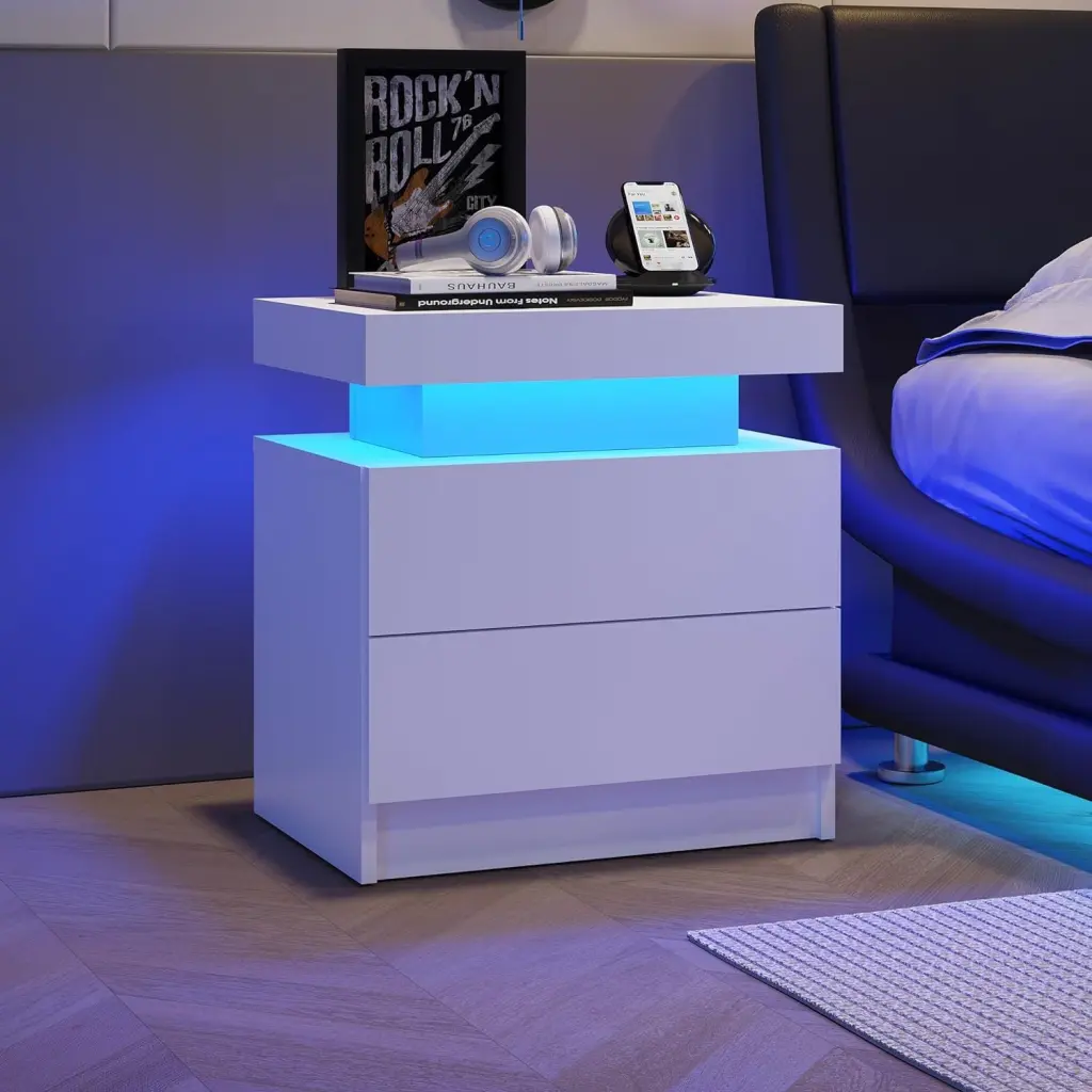 Nightstand LED Bedside Table Cabinet Lights Modern End Side Table 2 Drawers cubehom