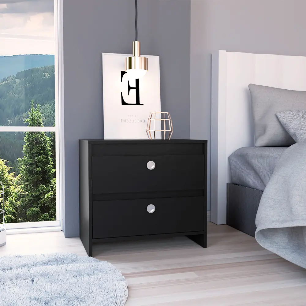 Nightstand 22 Inch H Two Drawers High Quality Top Metal Handle Black Bedside Table depot e-shop
