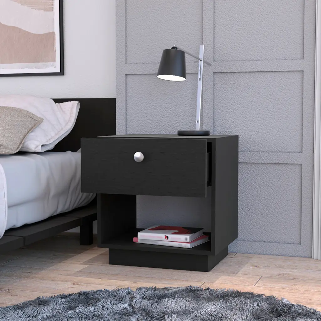 Black 1 Drawer Nightstand Bedside Table Open Storage furniture max