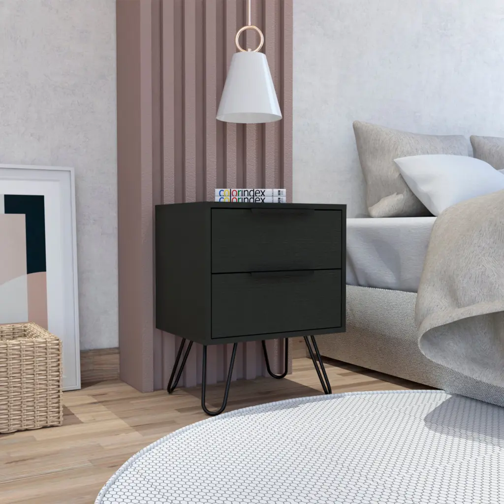 Black Wengue 2 Drawer Rectangle Nightstand Black Particle Board furniture max