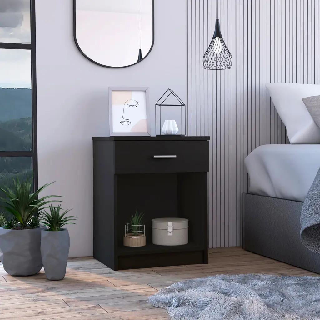 Black Wengue 1 Drawer 1 Shelf Nightstand Black Particle Board Bedside Table furniture max