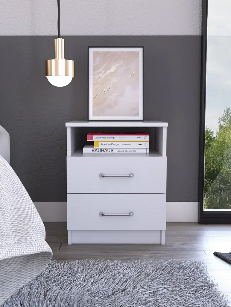 Brookeline 2 Drawer 1 Shelf Rectangle Nightstand White Particle Board Bedside Table furniture max